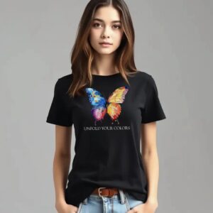 Unfold Butterfly  - Super Premium French Terry Fabric Women's Cotton Regular Half Sleeve, Round Neck - Printed, Double Bio-wash T-shirt.
